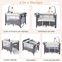 5-in-1 Lettino da Campeggio con Materasso, Lettino per Bambini con Fasciatoio, Lettino Pieghevole e Portabile, Altezza Regolabile in 5 Livelli, per Bambini 0-36 Mesi (Grigio+Beige)