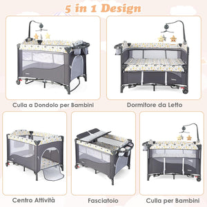 5-in-1 Lettino da Campeggio con Materasso, Lettino per Bambini con Fasciatoio, Lettino Pieghevole e Portabile, Altezza Regolabile in 5 Livelli, per Bambini 0-36 Mesi (Grigio+Beige)
