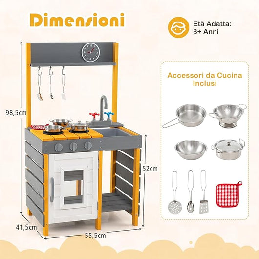 Cucina Giocattolo in Legno, Cucina per Bambini all'Aperto con Fornelli, Lavabo Rimovibile, Rubinetto, Forno, Ganci Appesi e Mensole Portaoggetti, Set di Gioco in Legno per Bambini 3+ Anni