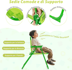 Set Tavolo da Giardino Bambini con 2 Sedie Pieghevoli, Tavolino da Esterno con Ombrellone in Poliestere Regolabile in Altezza, Set Mobili da Giardino per Bambini 3-6 Anni (Rana, Verde Chiaro)