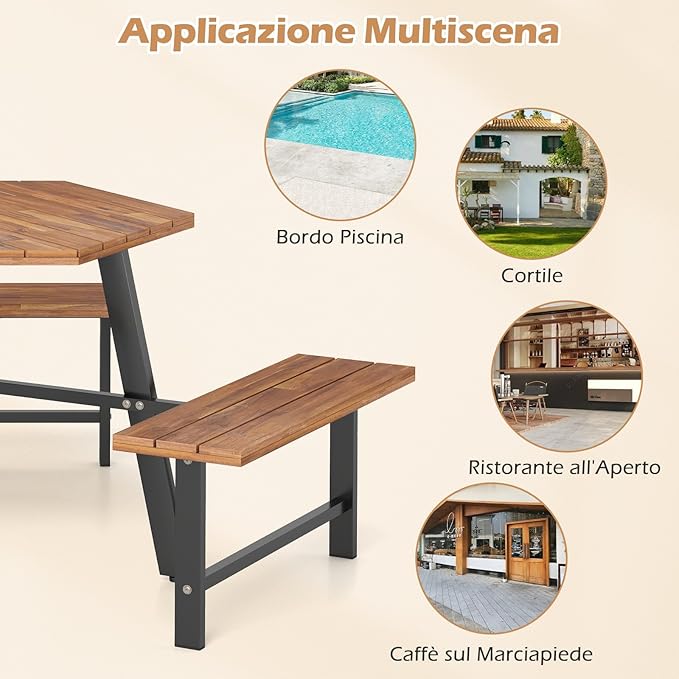 Set Tavolo con 3 Panche in Legno di Acaccia, con Foro per Ombrellone, Tavolo da Campeggio con Telaio in Metallo, Set Mobile da Picnic per Cortile Patio