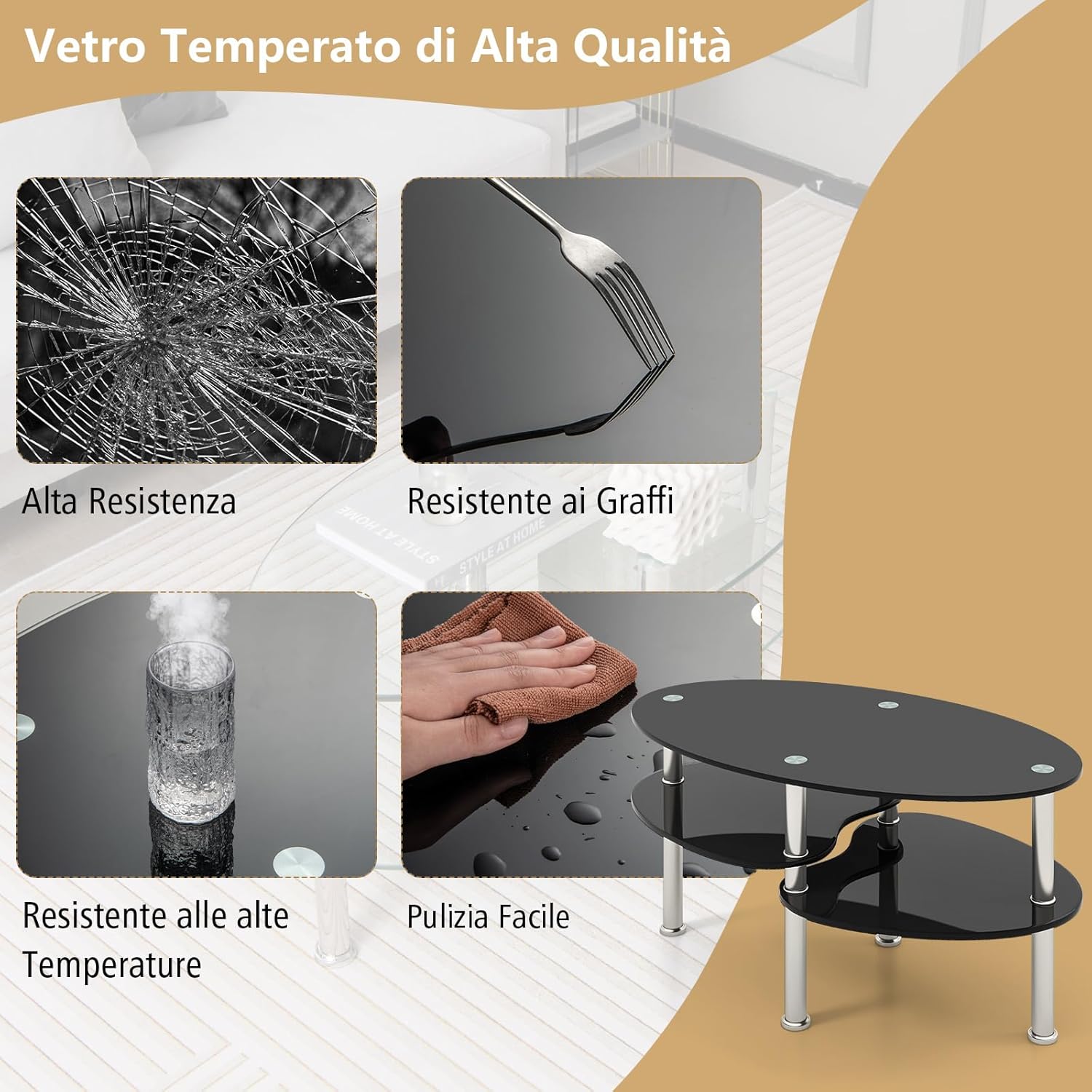 Tavolino da Salotto in Vetro Temperato Moderno, Tavolo Basso e Ovale con Piano Spazioso e 3 Livelli, Ideale per Soggiorno e Ufficio, 89 x 49 x 45 cm (Nero)