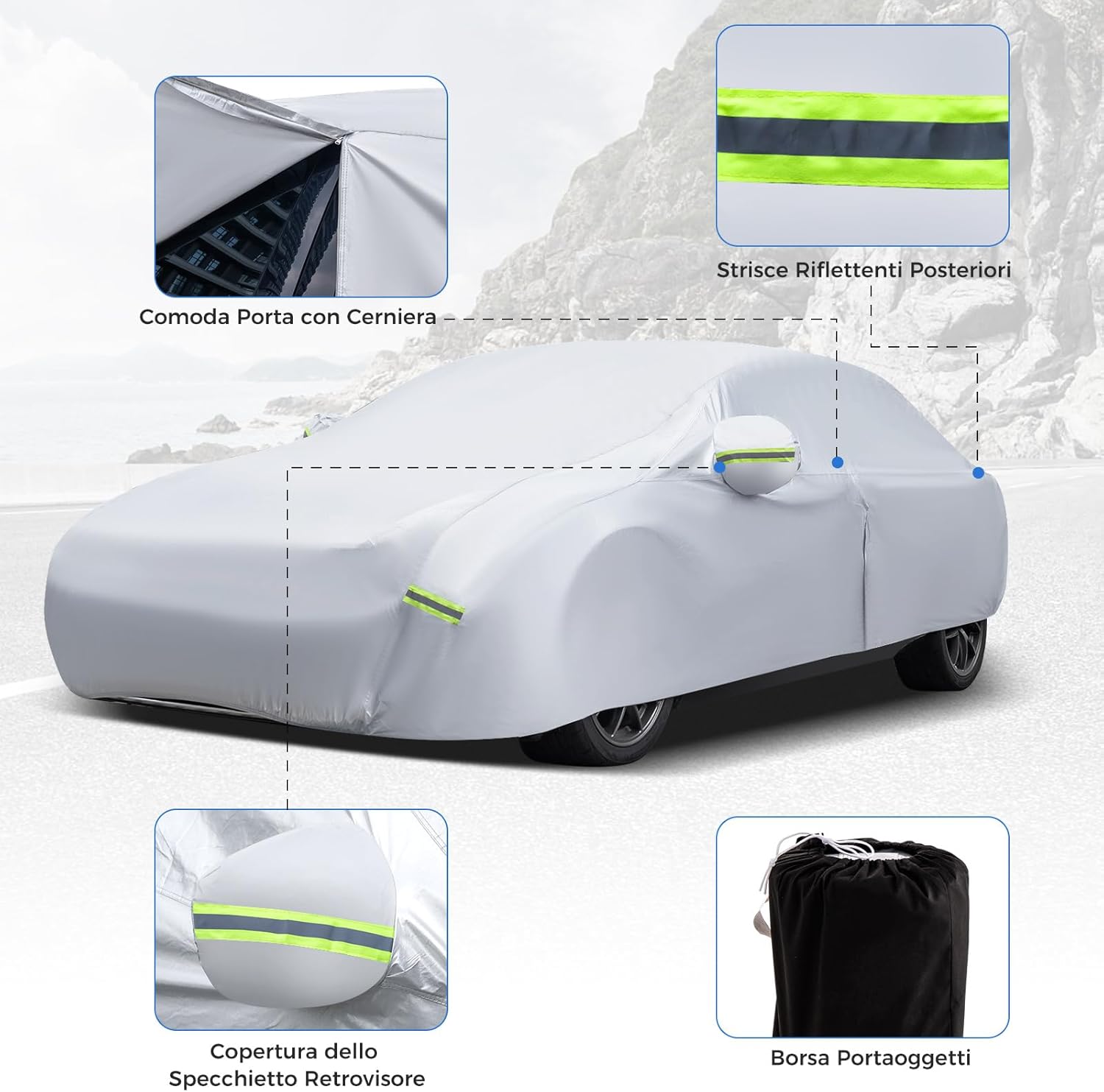 Copertura Auto con Porta a Zip, Serratura, Copertura per Auto con Strisce Riflettenti, Copertura Universale per Esterni per Auto (455 X 165 X 115cm)