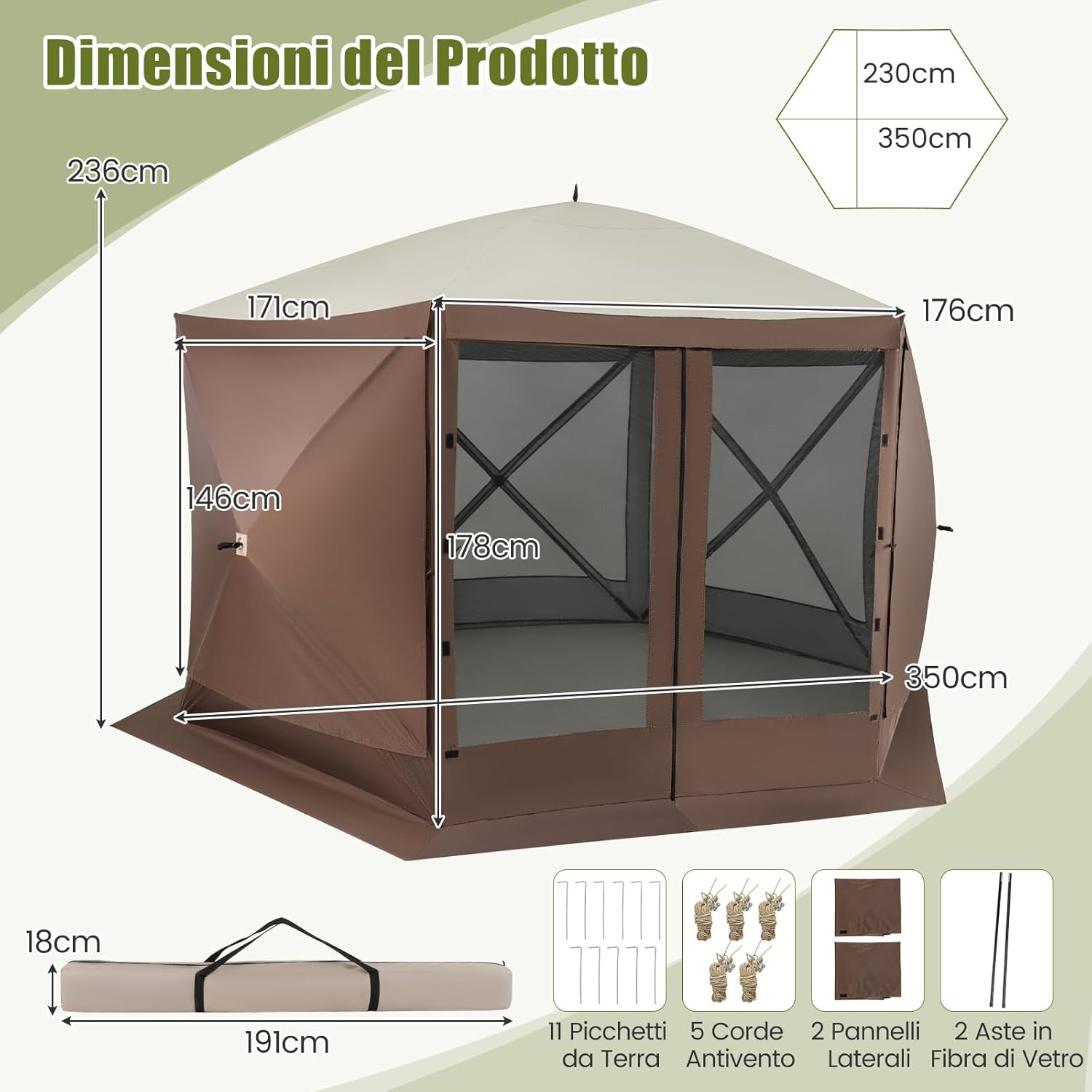 Gazebo da Giardino Pop-Up 3,5 x 3,5 m, Tenda da Giardino a 6 Lati con Tetto Ventilato e Manico, 2 Pareti Rimovibili, Rete a Maglia, Borsa da Trasporto per Patio, Giardino, Campeggio