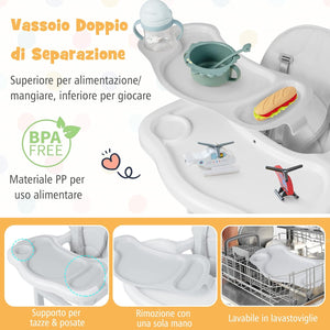 Seggiolone Pappa per Bambini 3 in 1, Seggiolone per Neonati con Vassoio Rimovibile, Cuscino, Schienale Regolabile e Cintura di Sicurezza a 5 Punti, 6-36 Mesi, Capacità 20 kg (Grigio)