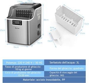 Macchina del Ghiaccio, Macchina del Ghiaccio Elettrica con Superficie Forata, con Cucchiaio Porzionatore, 24 Cubetti /15 Minuti, 3,2 L, Ideale per Casa e Ufficio