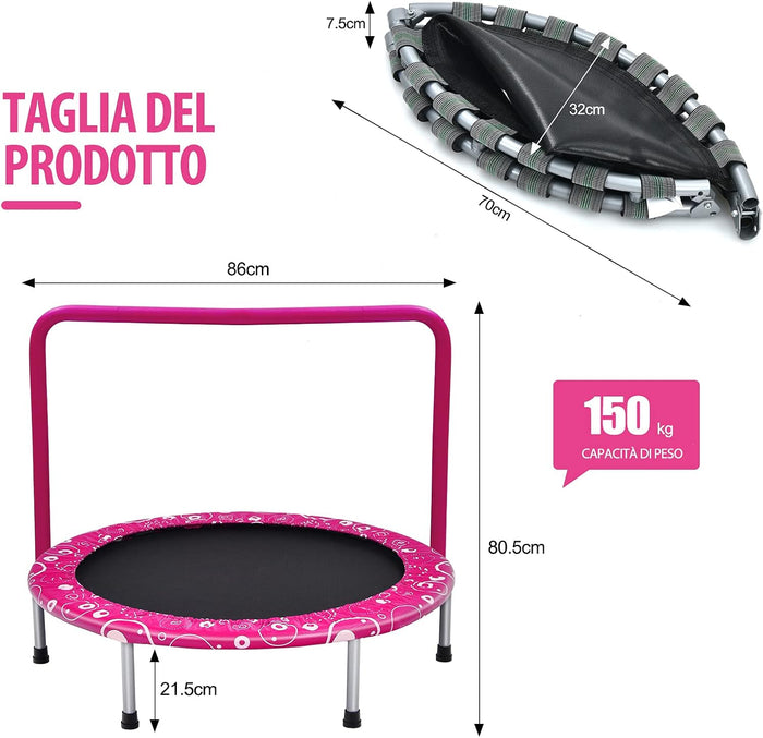 Trampolino Elastico per Bambini, Tappeto Elastico Pieghevole per Bambini con Copertura, Cuscinetti Antiscivolo e Maniglia, Ideale per Interno ed Esterno, Carico Massimo 150 kg