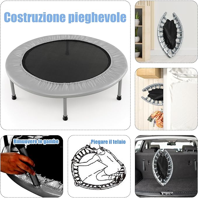 Mini Trampolino Elastico e Pieghevole, Capacità di Carico 150 kg, per Interno ed Esterno