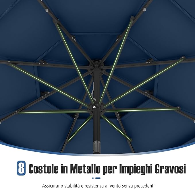 Ombrellone da Patio 313 cm con 32 Luci LED, Tetto Ventilato a 3 Piani, Inclinazioni Regolabili, Manovella, 8 Stecche, Ombrellone da Giardino, Piscina, Spiaggia