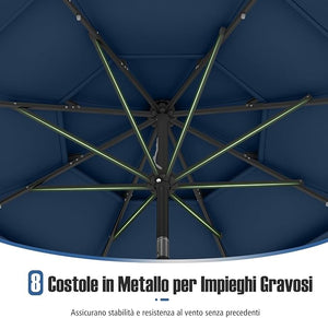 Ombrellone da Patio 313 cm con 32 Luci LED, Tetto Ventilato a 3 Piani, Inclinazioni Regolabili, Manovella, 8 Stecche, Ombrellone da Giardino, Piscina, Spiaggia