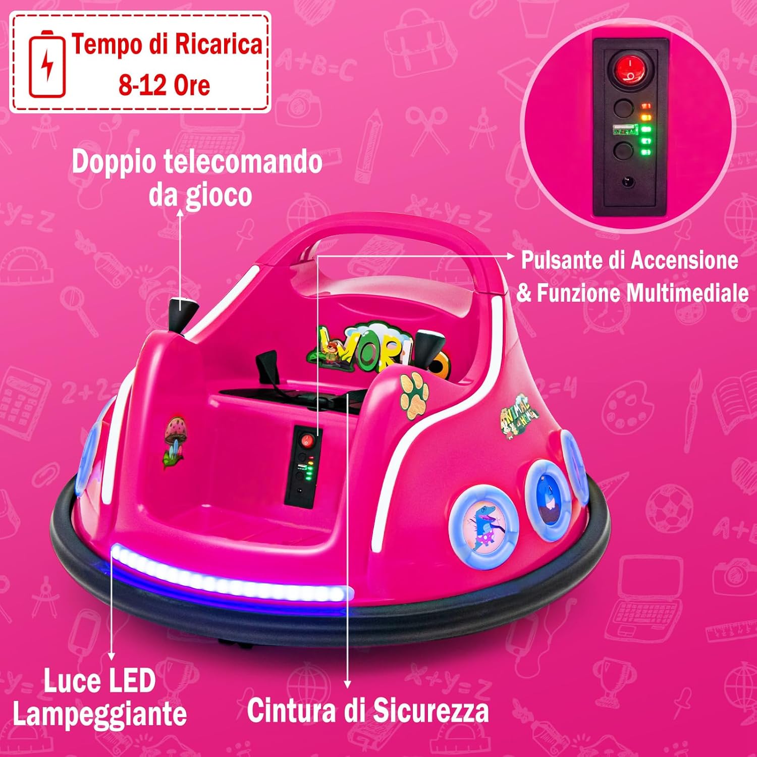 12V Autoscontro Elettrico per Bambini, Macchina Elettrica per Bambini con Design Girevole a 360° Telecomando Luci Musica, Macchina Cavalcabile per Bambini 37-96 Mesi (Rosa)