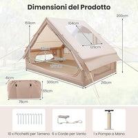 Tenda da Campeggio Gonfiabile, Tenda Gonfiabile Impermeabile per 4-6 Persone con Pompa, Finestre in Rete, 2 Porte e borsa da Trasporto, per Campeggio e Picnic, 300 x 210 x 200 cm