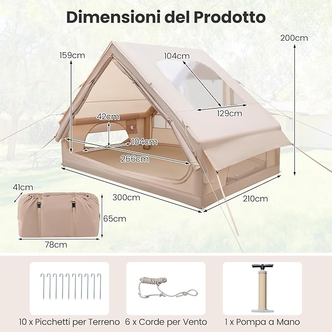 Tenda da Campeggio Gonfiabile, Tenda Gonfiabile Impermeabile per 4-6 Persone con Pompa, Finestre in Rete, 2 Porte e borsa da Trasporto, per Campeggio e Picnic, 300 x 210 x 200 cm