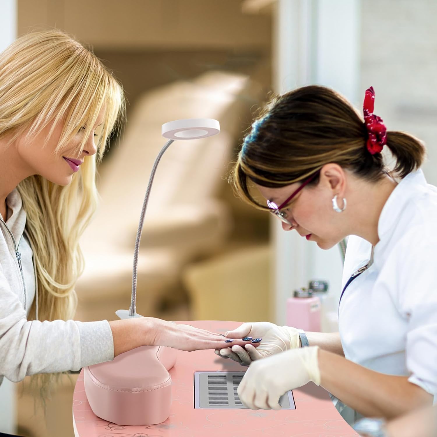 Tavolo per Manicure Pieghevole con Aspiratore, Tavolo per Unghie Portatile con Luce LED Regolabile, Cuscino Poggia Polso Rimovibile, Borsa da Trasporto e 4 Ruote Bloccabili (Rosa)