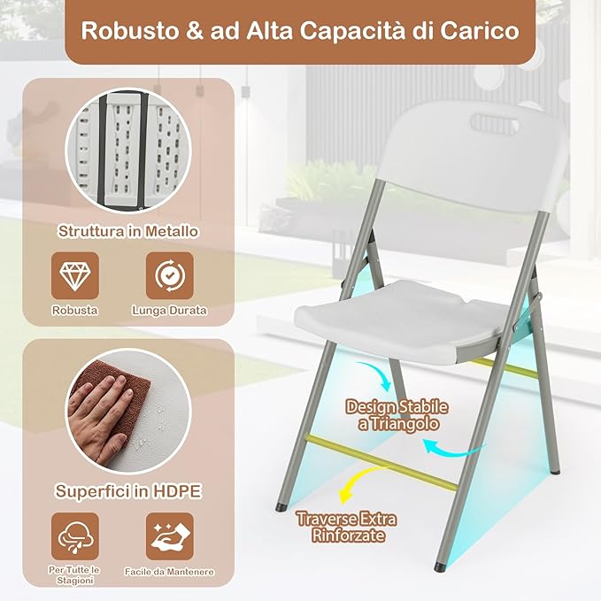 Set di 4 Sedie Pieghevoli con Struttura in Metallo, Sedie da Pranzo Salvaspazio con Antiscivoli, Sedie da Campeggio per Interno ed Esterno, 58 cm x 45 cm x 84 cm (Bianco)