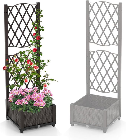 Fioriera con Spalliera da Esterno in PE, Vaso Rettangolare da Giardino con Auto-Irrigante e Fori di Drenaggio, Fioriera con Grigliato per Rampicanti da Balcone (Marrone, 40 x 40 x 122 cm)