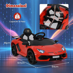 12V Lamborghini Macchina Elettrica per Bambini, Veicolo Elettrico con Telecomando Sospensione a Molla Luci LED MP3, 3-5 km/h, per Bambini 3 Anni+ (Rosso)