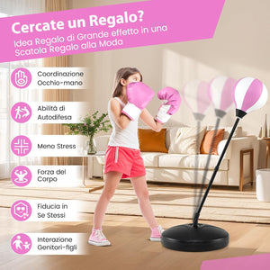 Sacco da Boxe per Bambini Altezza Regolabile, Punching Ball per Bambini con Guantoni, Palla di Pugilato da Terra con Base Stabile Riempibile con Acqua o Sabbia