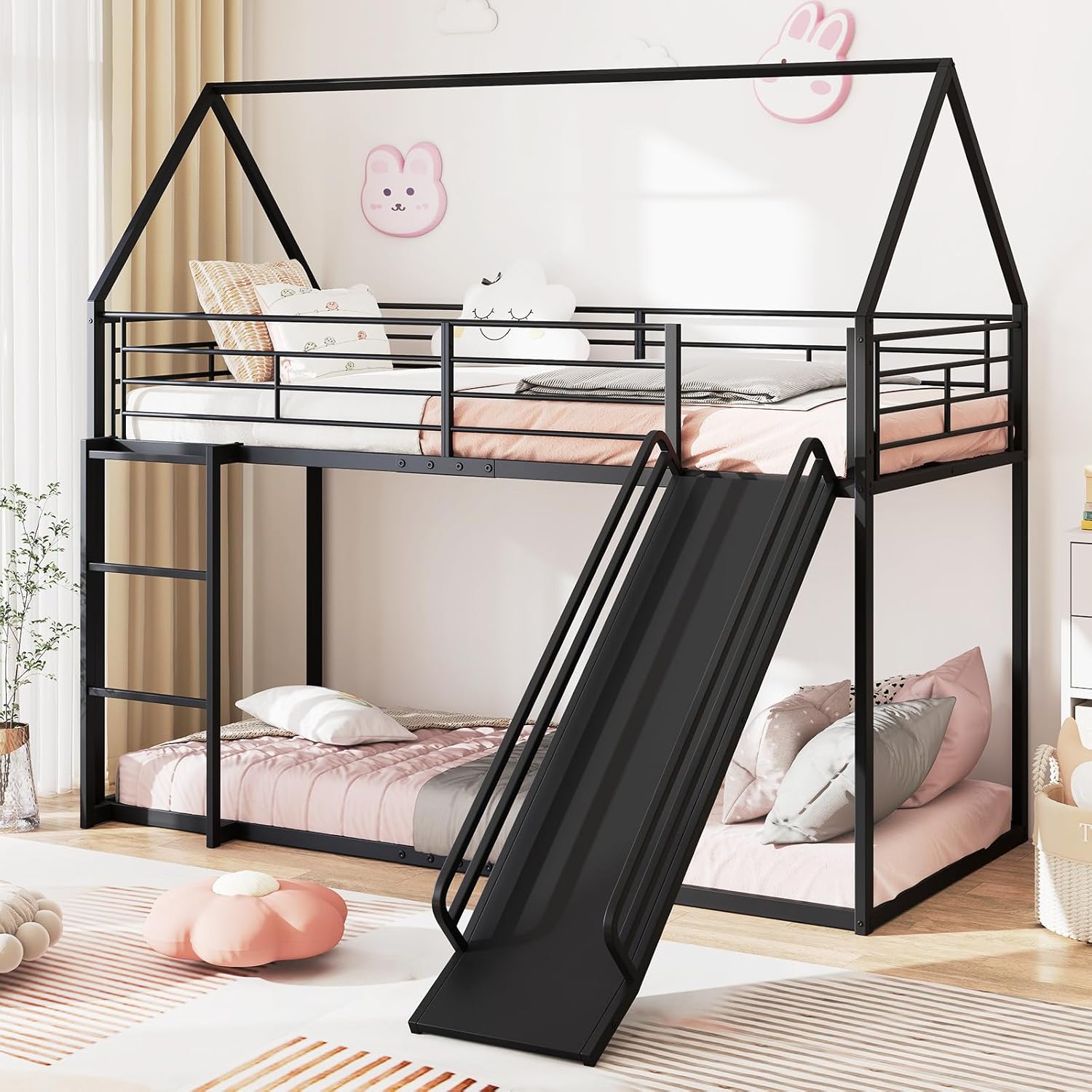 Letto a Castello per Bambini 90x200 cm, Letto Montessori con Scivolo Scala, Struttura in Metallo e Sponda di Sicurezza, Forma di Casa, senza Bisogno di Rete a Molle, Portata 110 kg (Nero)