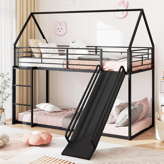 Letto a Castello per Bambini 90x200 cm, Letto Montessori con Scivolo Scala, Struttura in Metallo e Sponda di Sicurezza, Forma di Casa, senza Bisogno di Rete a Molle, Portata 110 kg (Nero)