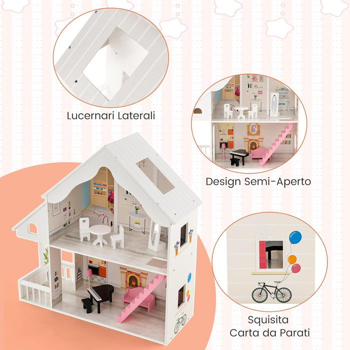Casa delle Bambole in Legno per Bambini, Casa delle Bambole con Stanze e Set di Mobili, 2 Grandi Lucernari e Carta da Parati, per Bambini 3 Anni+, Bianco