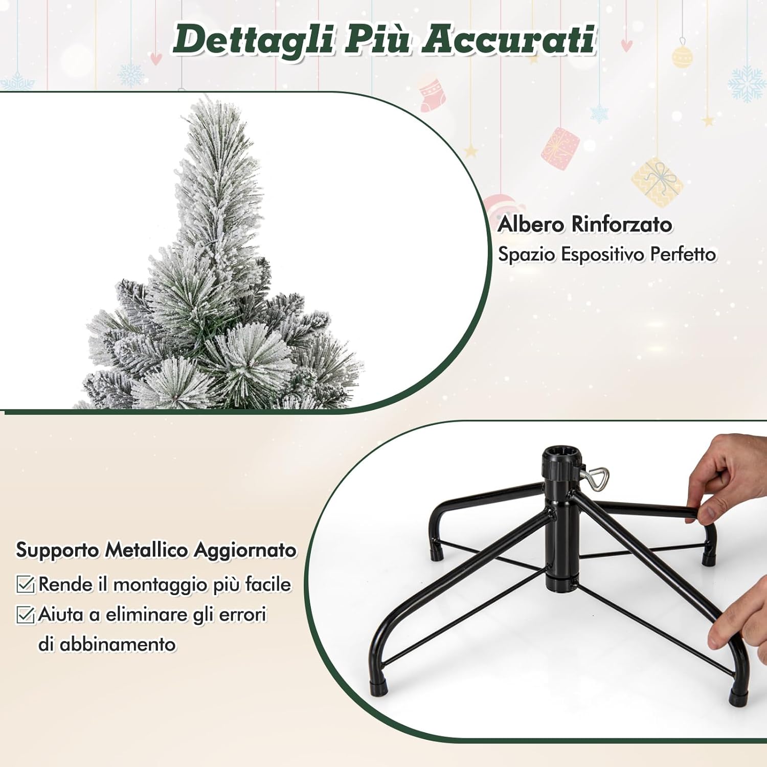 Albero di Natale Innevato 150 cm/180 cm, Albero di Natale Pop-Up con 130/170 Luci LED Bianco Caldo, Aghi di Pino, 378/517 Punte di Rami e Sezione Pieghevole & Supporto in Metallo (150 CM)