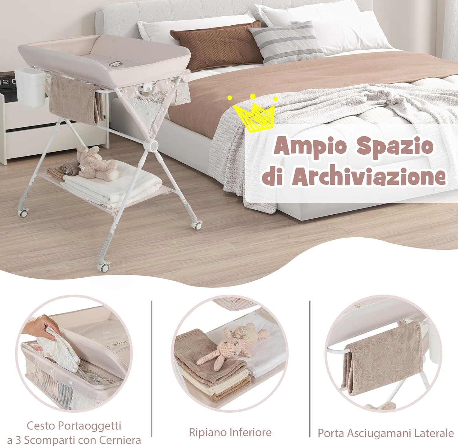Fasciatoio Neonato Pieghevole, Fasciatoio Portatile con Altezza Regolabile a 3 Livelli, Fasciatoio Neonato con Ruote di Bloccabili, Ripiano, Porta Asciugamani, Cestino di Rifiuti (Beige)