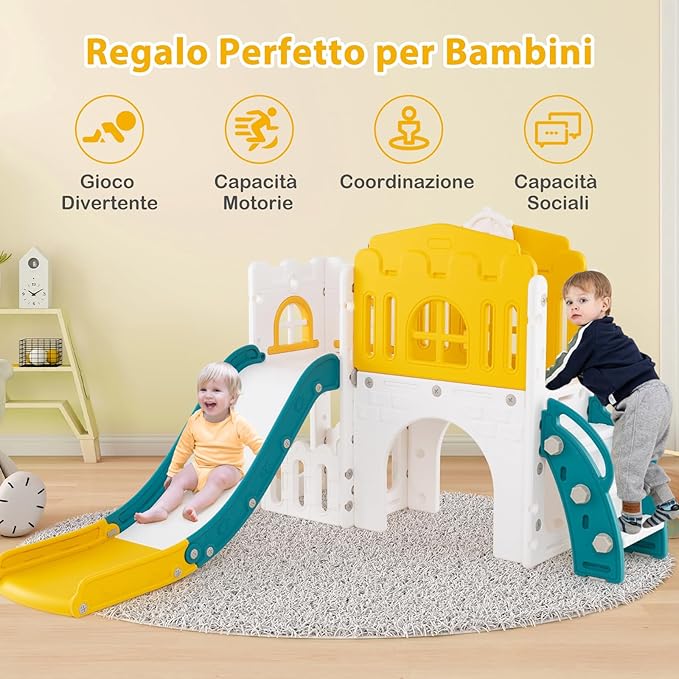 Scivolo per Bambini 9 in 1, Set da Gioco con Canestro da Basket, Telescopio, Volante, Corridoio, Tunnel e Spazio di Archiviazione, Scivolo da Interno ed Esterno per 1+ Anni (Giallo+Verde)