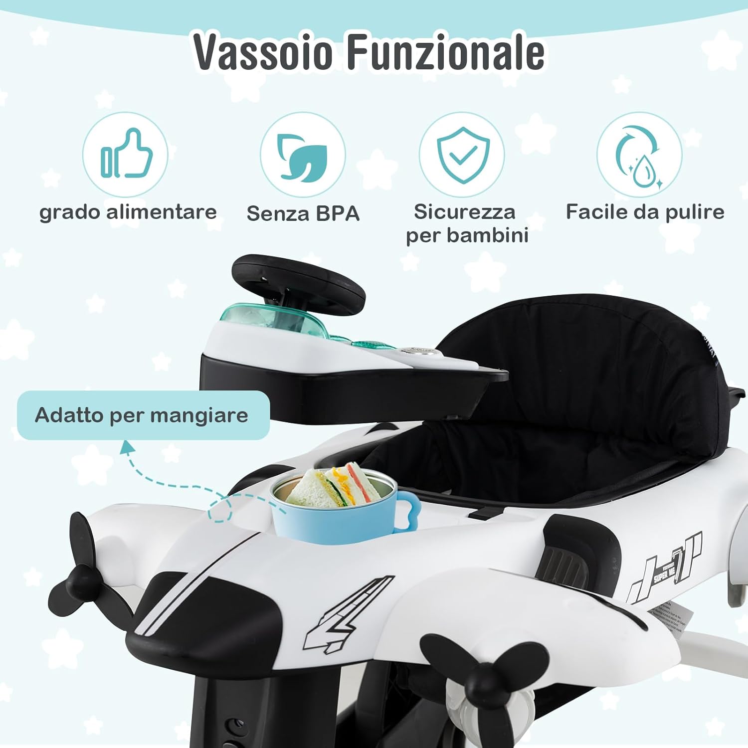 6 in 1 Girello per Bambini, Girello Pieghevole con Altezza Regolabile a 3 Livelli, Scatola Musicale Rimovibile, Vassoio per Alimenti, Portata 12 kg, per Bambini di 6-18 Mesi (Bianco)
