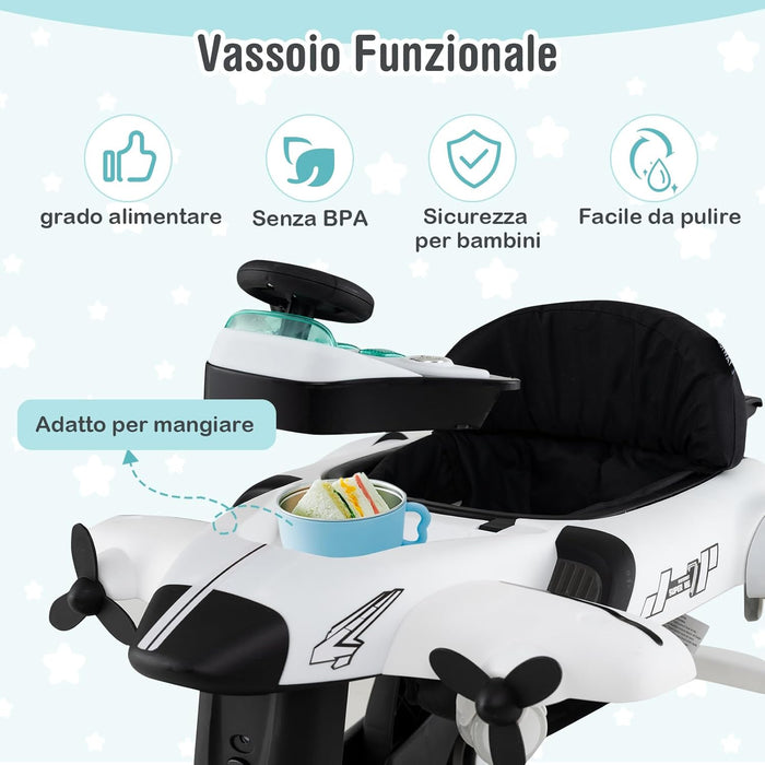6 in 1 Girello per Bambini, Girello Pieghevole con Altezza Regolabile a 3 Livelli, Scatola Musicale Rimovibile, Vassoio per Alimenti, Portata 12 kg, per Bambini di 6-18 Mesi (Bianco)