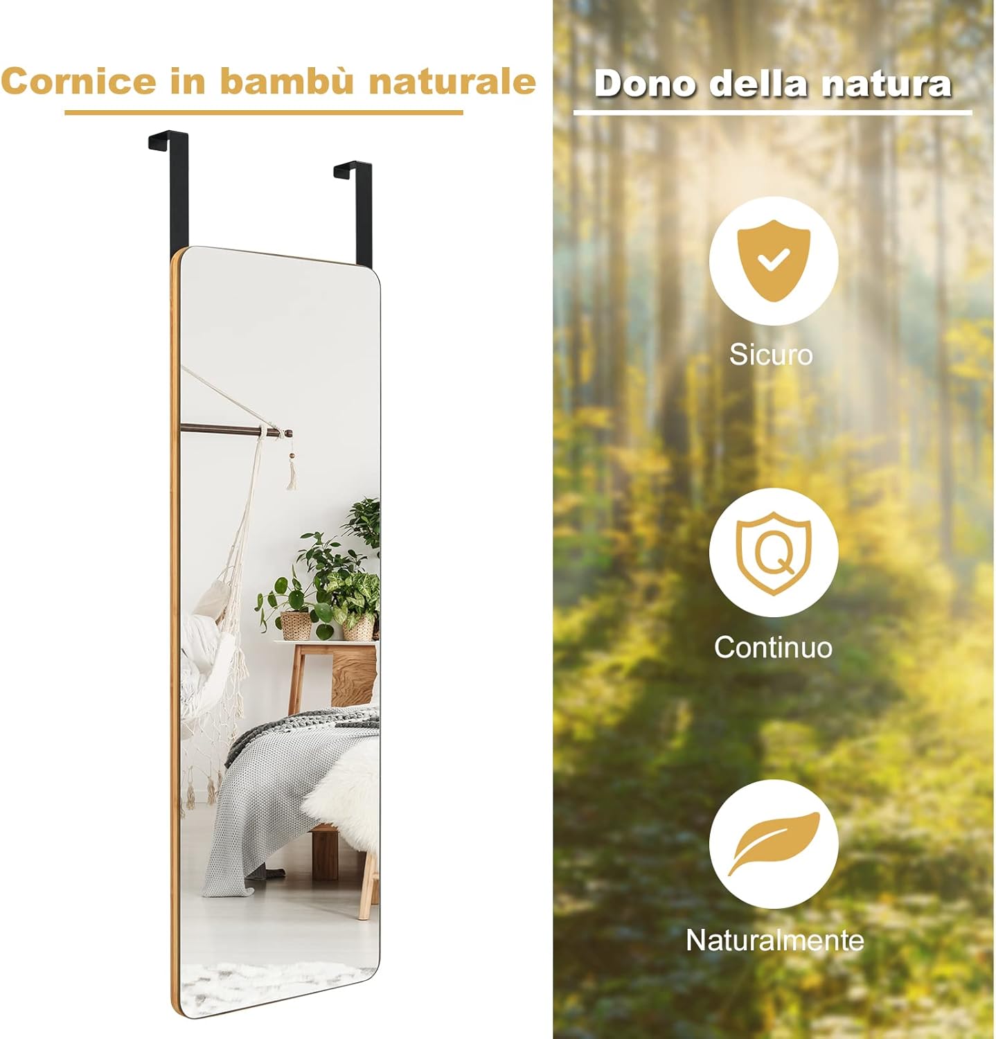 Specchio Figura Intera sulla porta, Specchio Rettangolare da Parete, Specchio Moderno da Trucco da Appendere con 2 Ganci, Ideale per Corridoio Salone Camera da Letto Bagno