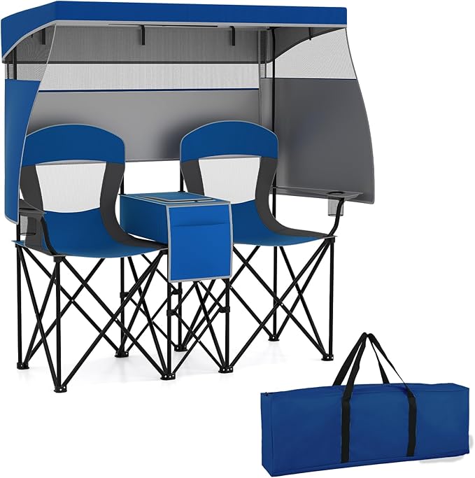 Sedia Spiaggia a Doppio, Sedia da Campeggio con Tettoia Regolabile, Poltrona Loveseat per 2 Persone, con Borsa da Trasporto, Borsa Termica, per Giardino Picnic, Portata 300 kg (Blu)