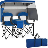 Sedia Spiaggia a Doppio, Sedia da Campeggio con Tettoia Regolabile, Poltrona Loveseat per 2 Persone, con Borsa da Trasporto, Borsa Termica, per Giardino Picnic, Portata 300 kg (Blu)