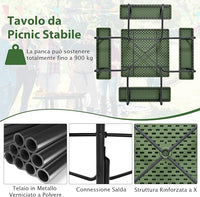 Set Tavolo da Picnic Quadrato con Panche per 8 Persone, Tavolo da Picnic con 4 Panche e Foro per Ombrellone, con Telaio in Metallo, Ogni Panca Portata 225 kg, per Giardino, Cortile (Verde)