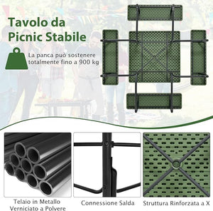 Set Tavolo da Picnic Quadrato con Panche per 8 Persone, Tavolo da Picnic con 4 Panche e Foro per Ombrellone, con Telaio in Metallo, Ogni Panca Portata 225 kg, per Giardino, Cortile (Verde)