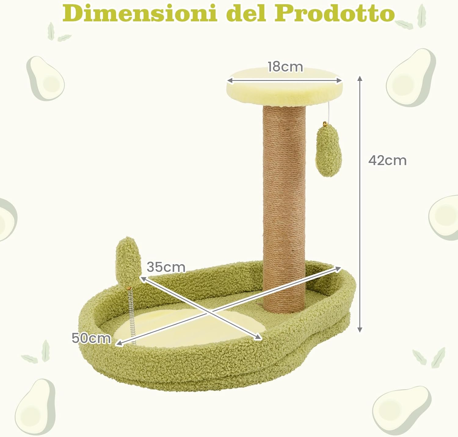 Tiragraffi per Gatto Alto 40 cm con Lettino Stile Avocado, Albero Tiragraffi Gatti con Palo a Corda in Juta, Piattaforma e 2 Pompon, Cuccia Albero Gatto Rivestito in Peluche, Verde