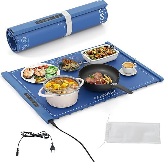 Vassoio Riscaldante Elettrico, Tappetino Riscaldante in Silicone Portatile, con Temperatura Regolabile Timer e Blocco per Bambini, per Buffet, Feste e Cucina (60 x 44 cm,Blu)