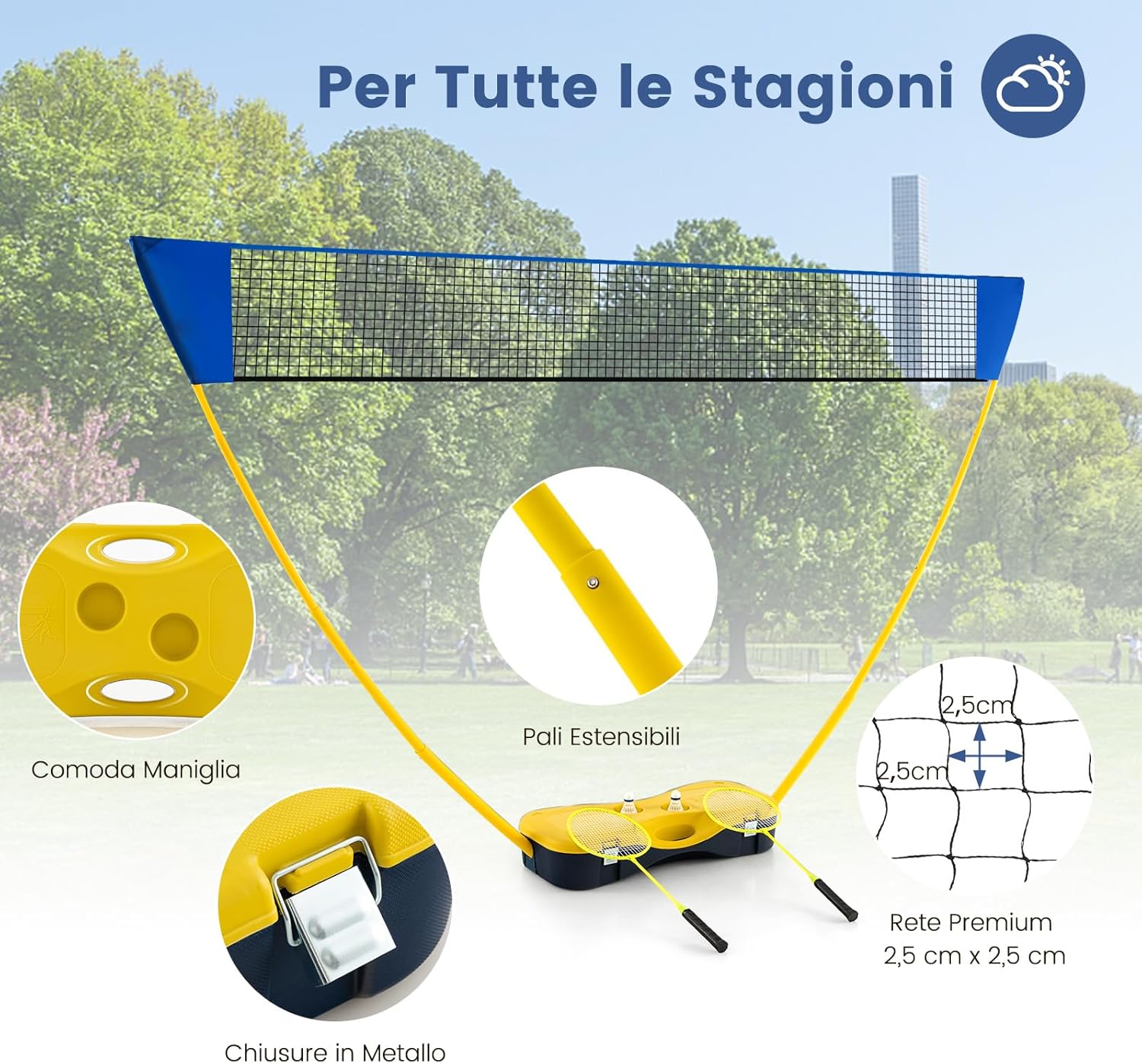Set di Badminton con Rete, Racchette, 2 Volani e Scatola di Conservazione, Set di Badminton Portatile per 2 Giocatori da Esterno per Bambini, Ragazzi e Adulti
