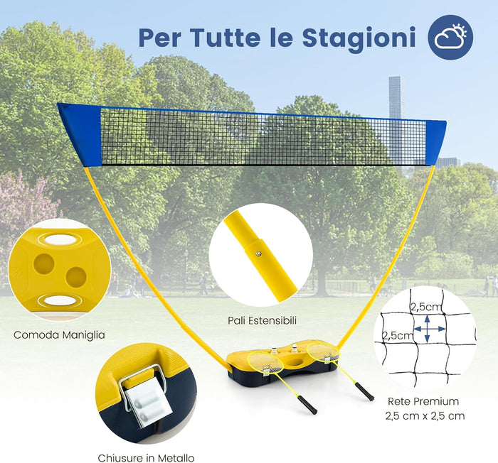 Set di Badminton con Rete, Racchette, 2 Volani e Scatola di Conservazione, Set di Badminton Portatile per 2 Giocatori da Esterno per Bambini, Ragazzi e Adulti