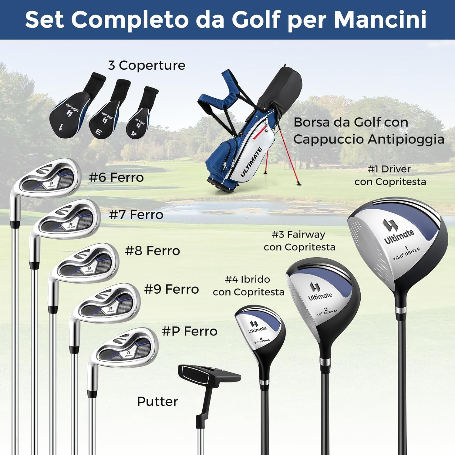 Set Completo di Mazze da Golf per Mancini da Uomo, Borsa Portatile con Supporto e Cappuccio Antipioggia, Include Driver 1 da 460CC, Fairway 3, Ibrido 4, Ferri 6, 7, 8, 9, P e Putter (Blu)