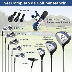 Set Completo di Mazze da Golf per Mancini da Uomo, Borsa Portatile con Supporto e Cappuccio Antipioggia, Include Driver 1 da 460CC, Fairway 3, Ibrido 4, Ferri 6, 7, 8, 9, P e Putter (Blu)