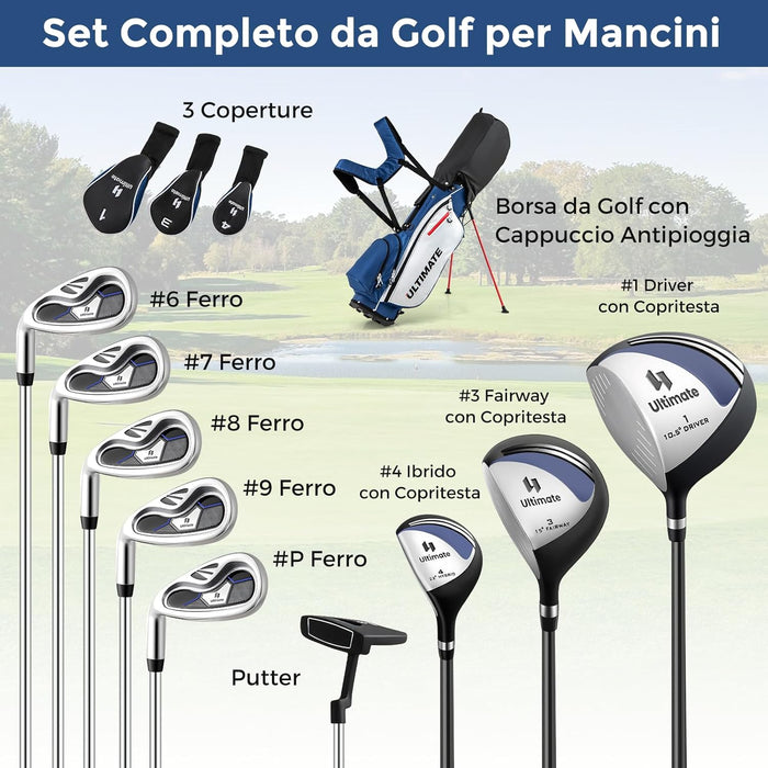 Set Completo di Mazze da Golf per Mancini da Uomo, Borsa Portatile con Supporto e Cappuccio Antipioggia, Include Driver 1 da 460CC, Fairway 3, Ibrido 4, Ferri 6, 7, 8, 9, P e Putter (Blu)