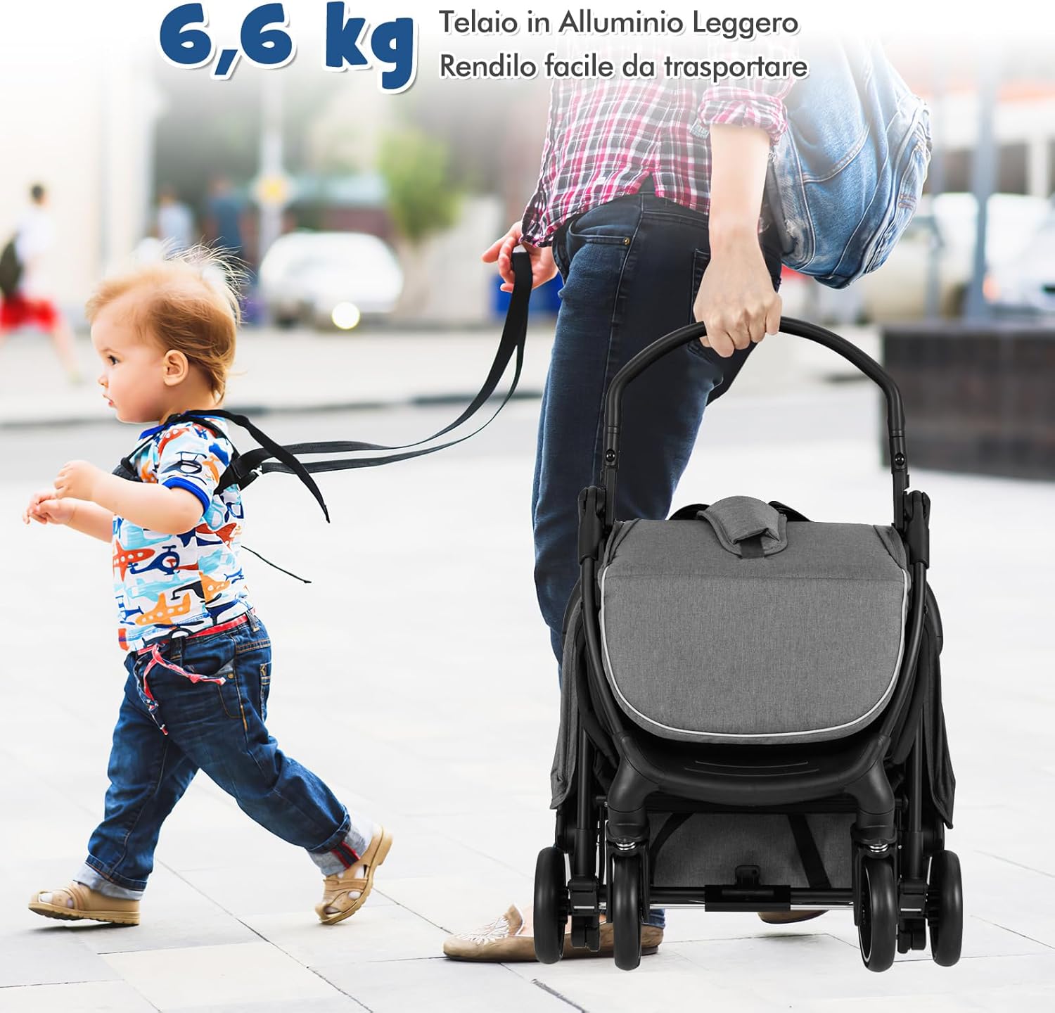 Passeggino Leggero per Bambini, Passeggino da Viaggio con Schienale Regolabile, Passeggino Portatile per Bambini con Schienale Reclinabile e Cappotta Regolabile, per Bambini 0-3 Anni (Grigio)