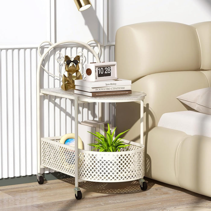 Tavolino da Caffè in Vetro a 2 Livelli, Tavolino Laterale con Ruote Bloccabili, Motivo Orso e Cesta di Stoccaggio, Tavolino per Salotto, Camera da Letto e Studio (Oro)