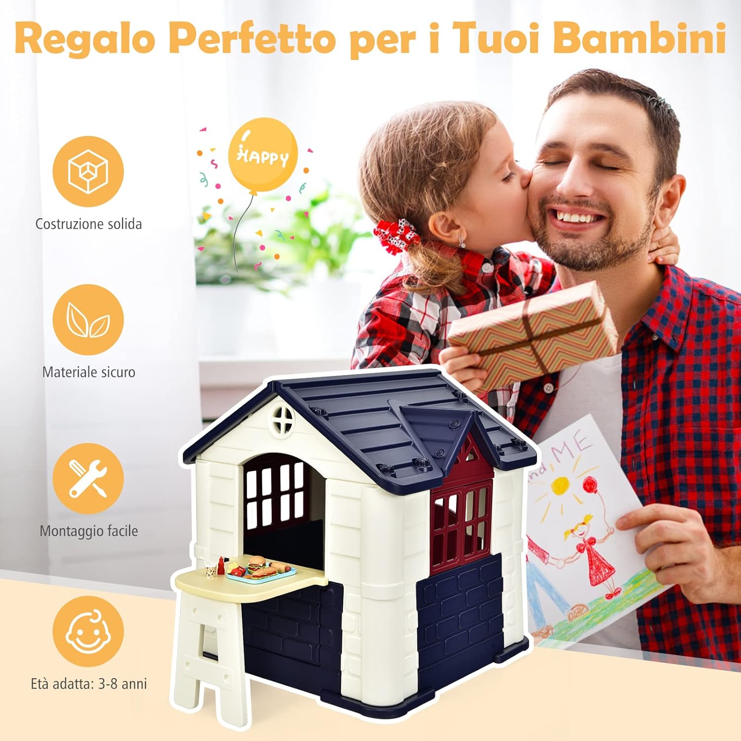 Casetta per Bambini con Porte e Finestre, Casetta Giocattolo con Tavolo, Set Giocattolo con 7 Pezzi, Ideale per Bambini 3-8 Anni, 164x124x132 cm (Blu)