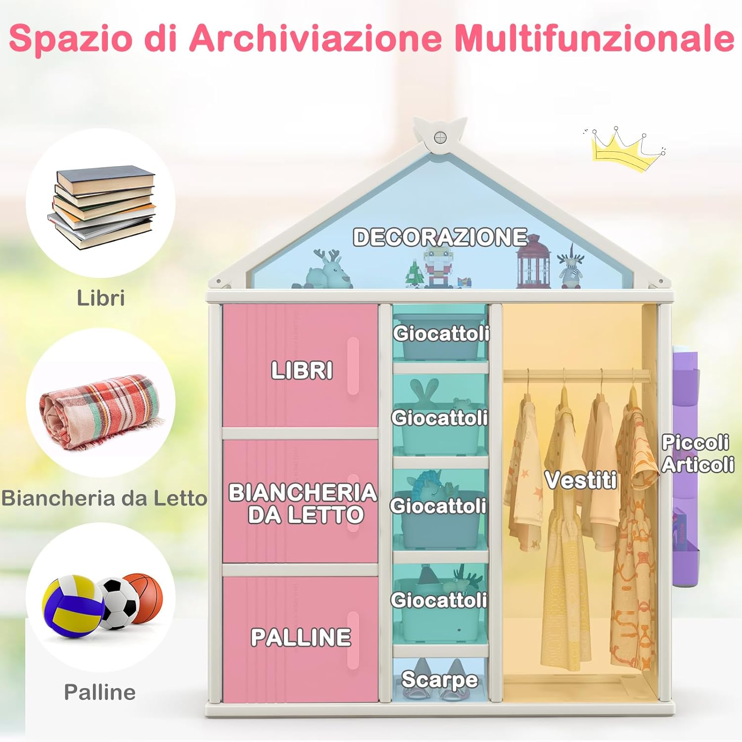 Armadio per Bambini, Organizzatore a Forma di Casa con 1 Lavagna, 3 Armadietti, 4 Cestini, 3 Cubi Chiusi e 3 Cestini Laterali, Armadietto Salvaspazio per Camera da Letto e Soggiorno (Grigio)