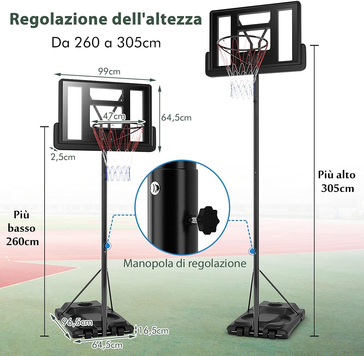 Canestro da Basket con Altezza Regolabile, Stand di Basket Portatile per Scuola e Stadio, Supporto Anello da Basket per Interno ed Esterno