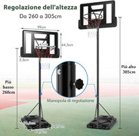 Canestro da Basket con Altezza Regolabile, Stand di Basket Portatile per Scuola e Stadio, Supporto Anello da Basket per Interno ed Esterno