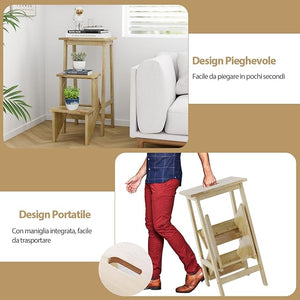 Scaletta Pieghevole, 3 in 1 Scaletta e Sgabello in Legno Multifunzione, 3 Gradini, Reversibili Impugnatura, Portatile e Leggera, Ideale per Studio Soggiorno (Naturale)