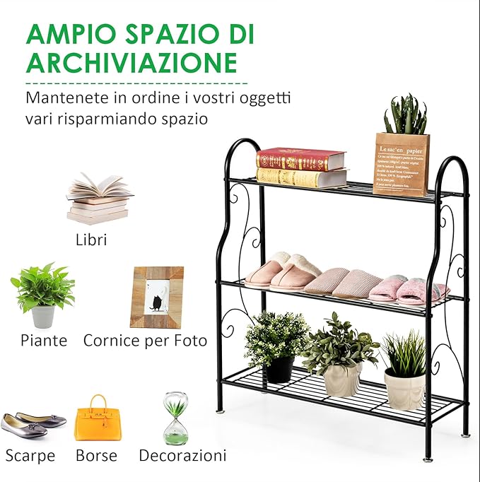 Porta Piante in Metallo a 3 Livelli, Scaffale Portavasi Interno ed Esterno con Elegante Motivo a Volute, Scaffale a Scala Multifunzionale per Casa, Giardino, Balcone e Corridoio